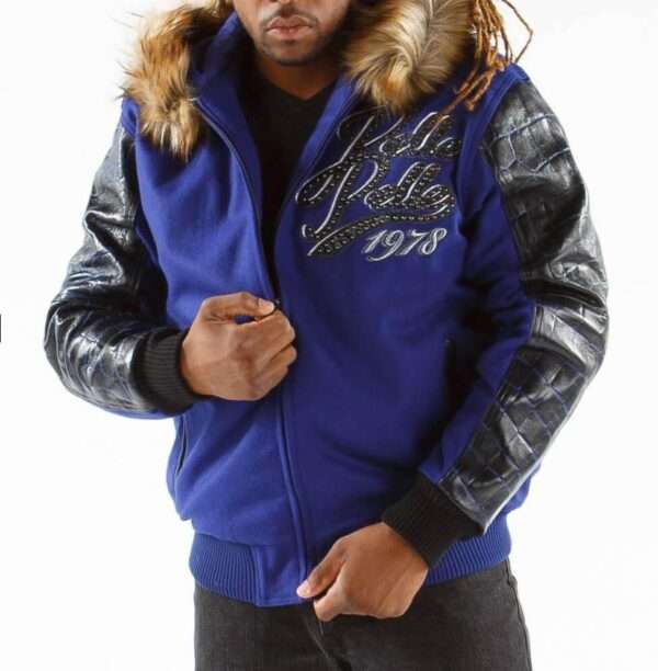 Blue Pelle Pelle Exotic Fur Hood Wool Leather Jacket 2