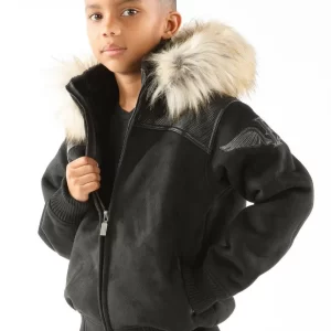 Kids Pelle Pelle Black Wings Fur Hood Wool Jacket