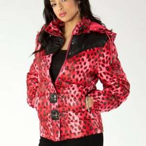 Pelle Pelle Red Puffer Cheetah Print Leather Jacket