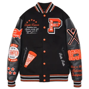 Pelle Pelle Orange Black World Famous Varsity Jacket