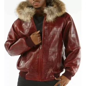 Pelle Pelle Red Fur Hood Croc Genuine Leather Jacket